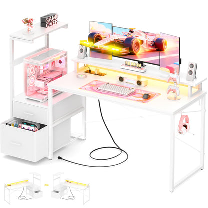 60-In Computer Desk with Fabric Drawers and Charging Station