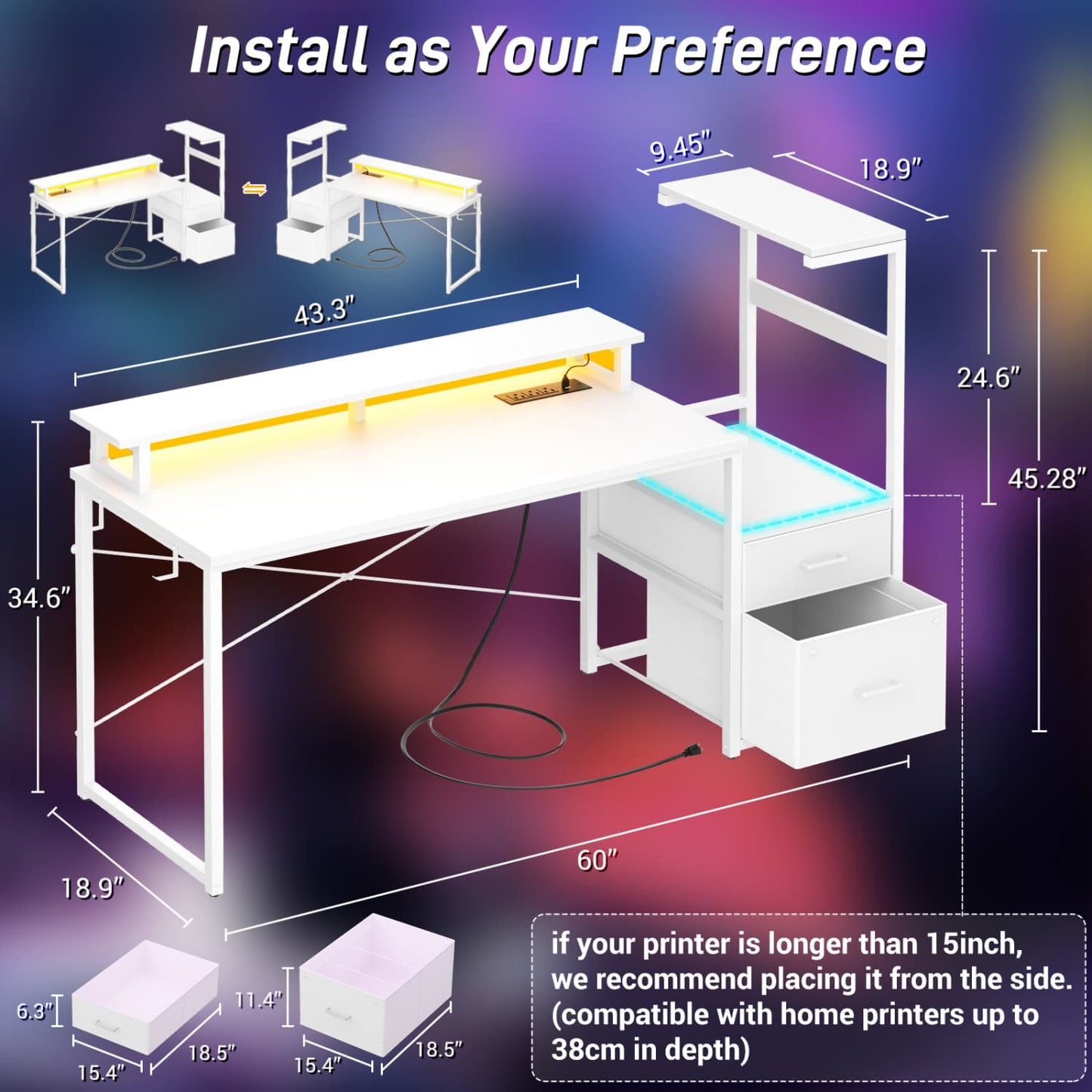 60-In Computer Desk with Fabric Drawers and Charging Station