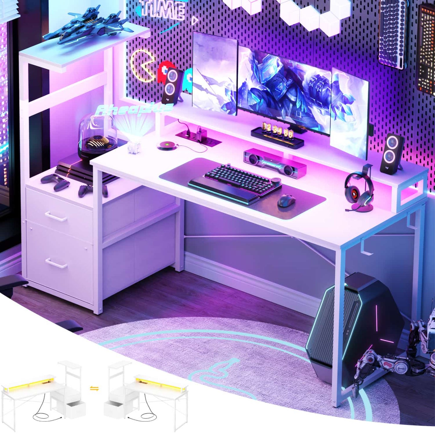 60-In Computer Desk with Fabric Drawers and Charging Station