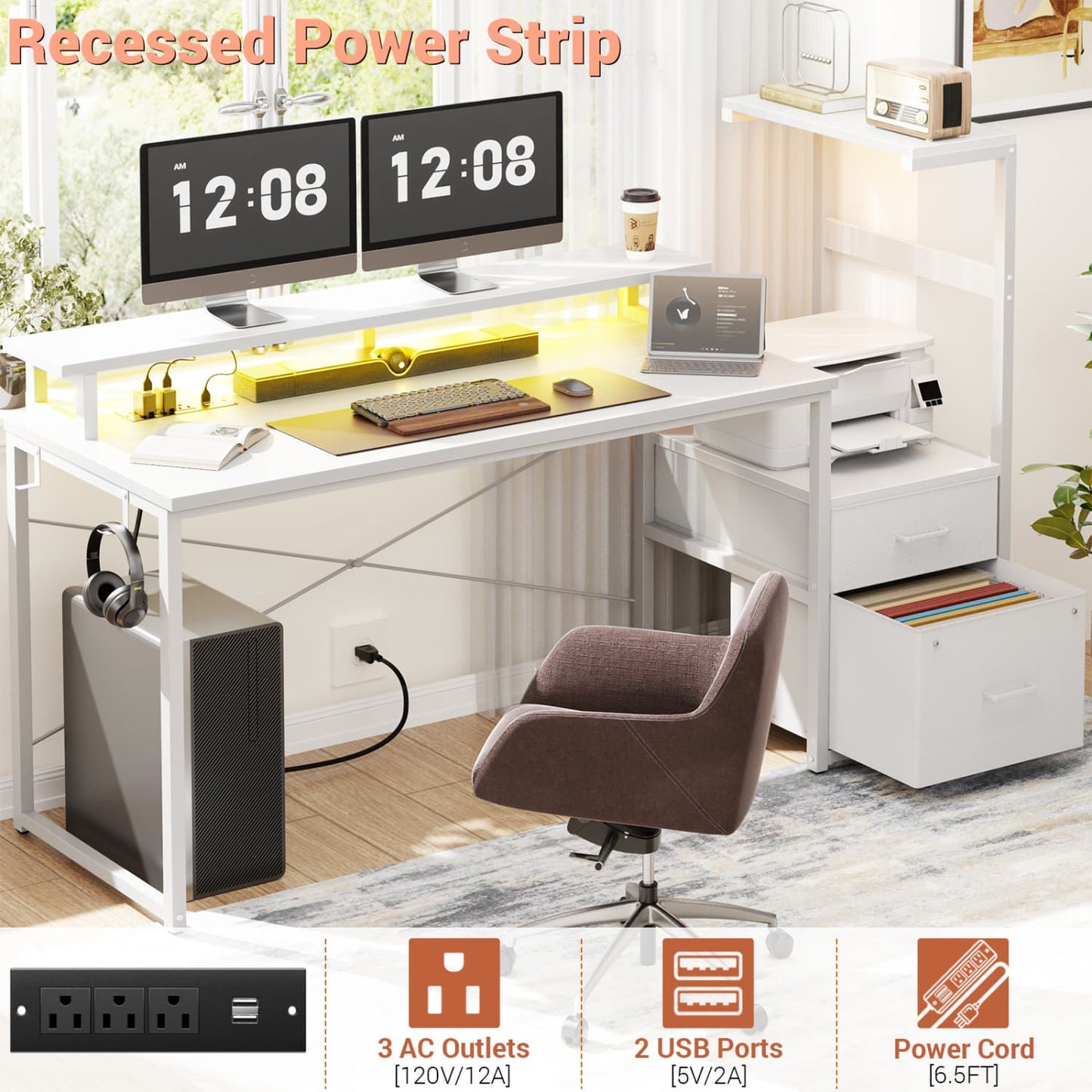 60-In Computer Desk with Fabric Drawers and Charging Station