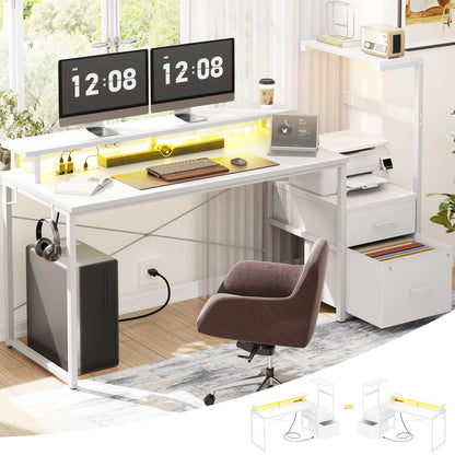 60-In Computer Desk with Fabric Drawers and Charging Station