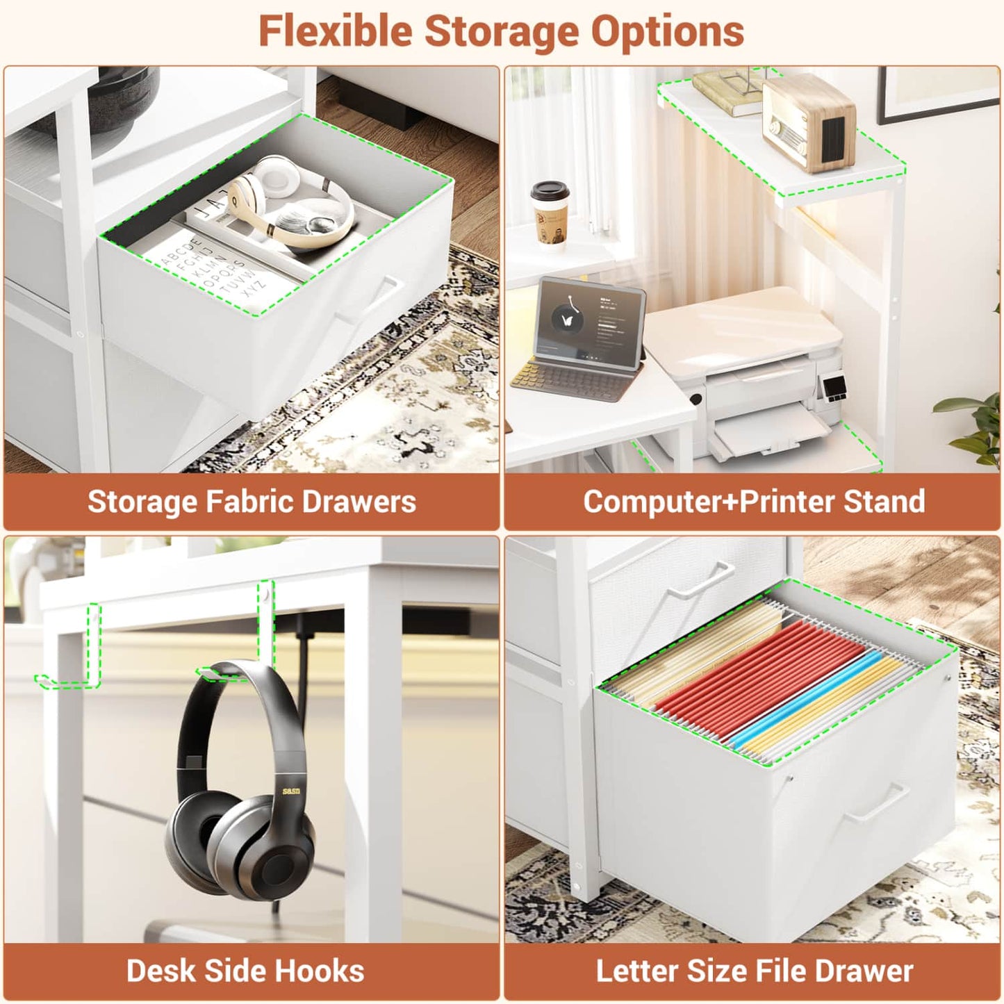 60-In Computer Desk with Fabric Drawers and Charging Station