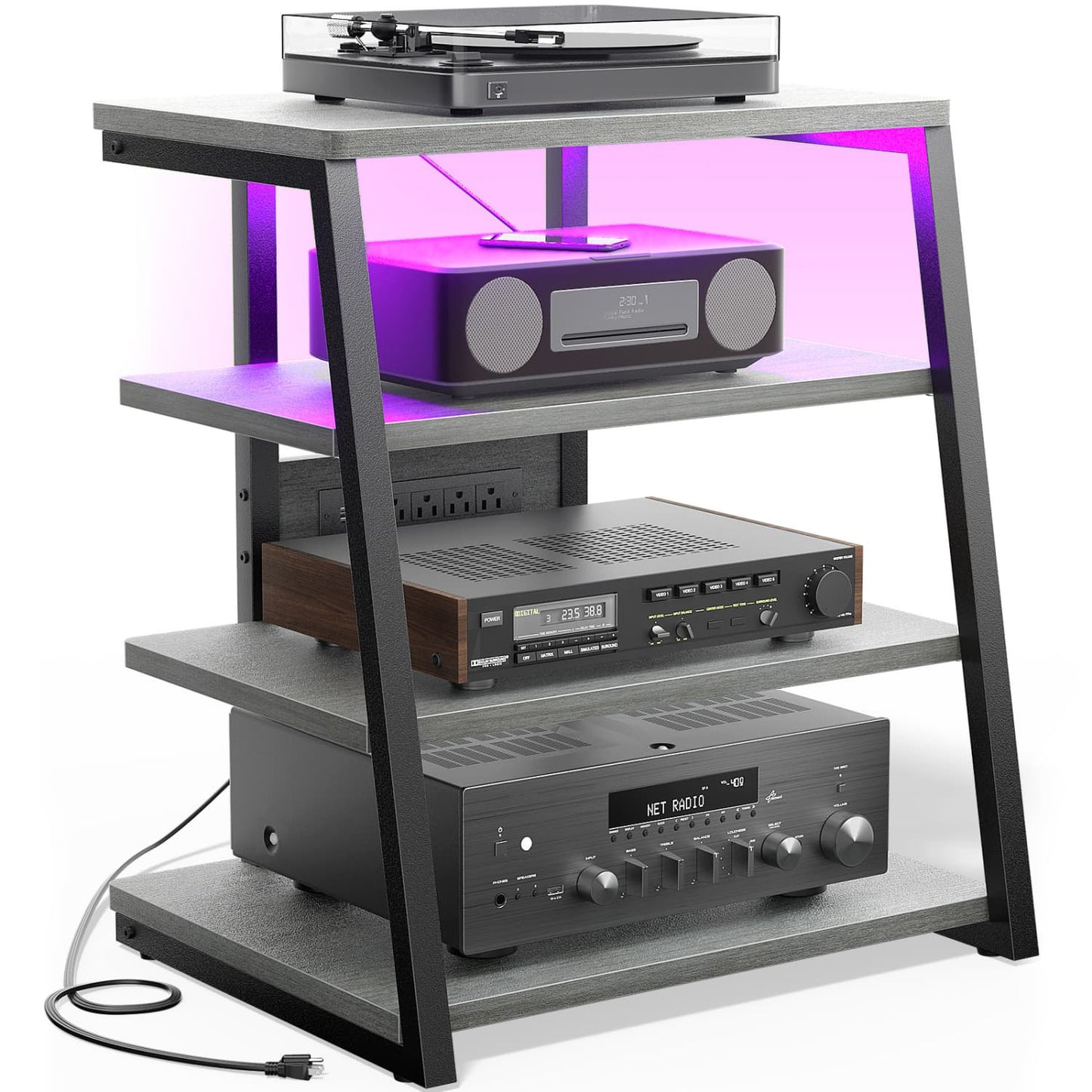4-Tier Bookshelves with Charging Station and LED Lights, Small Entertainment Center Media Stand-