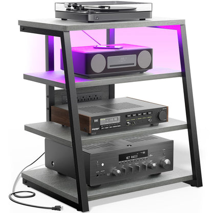 4-Tier Bookshelves with Charging Station and LED Lights, Small Entertainment Center Media Stand-