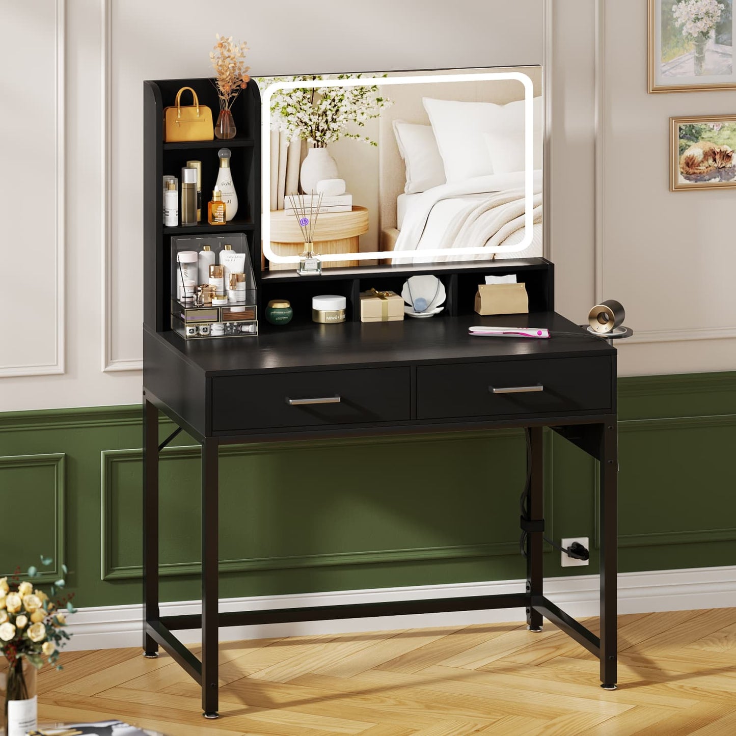 Vanity Desk with LED Mirror and Charging Station