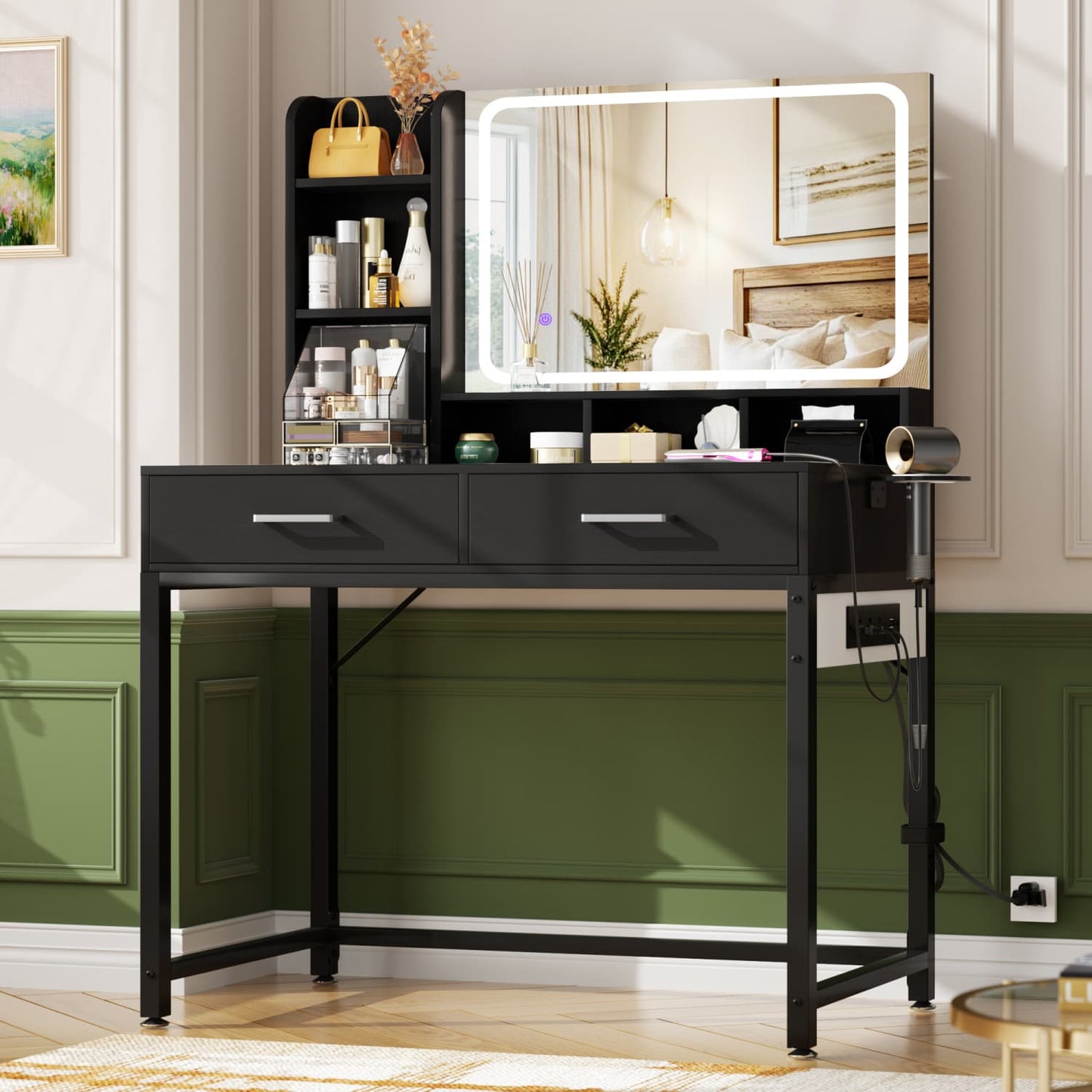 Vanity Desk with LED Mirror and Charging Station