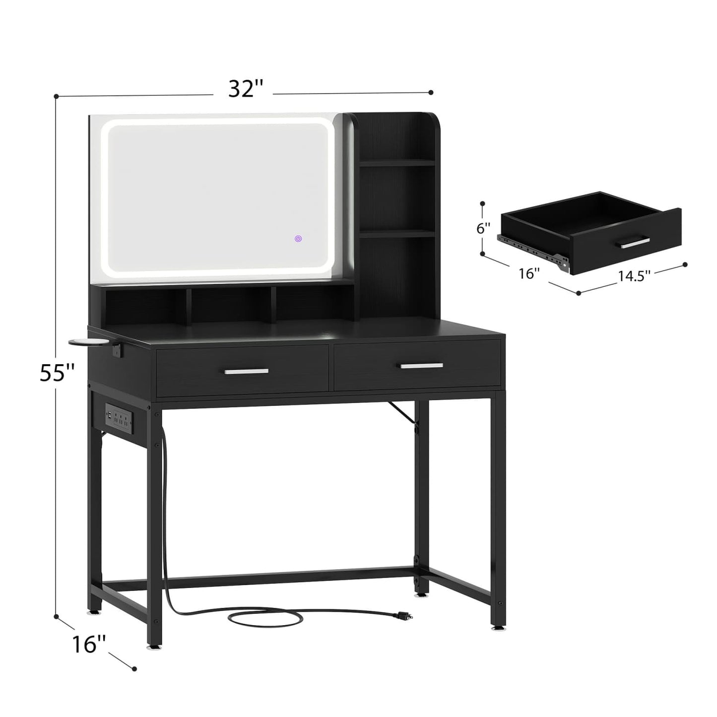 Vanity Desk with LED Mirror and Charging Station