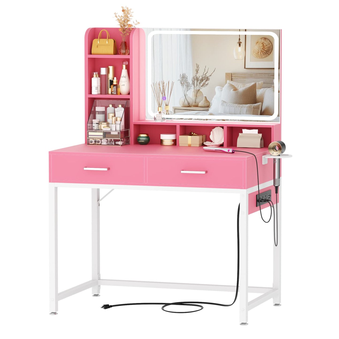 Vanity Desk with LED Mirror and Charging Station