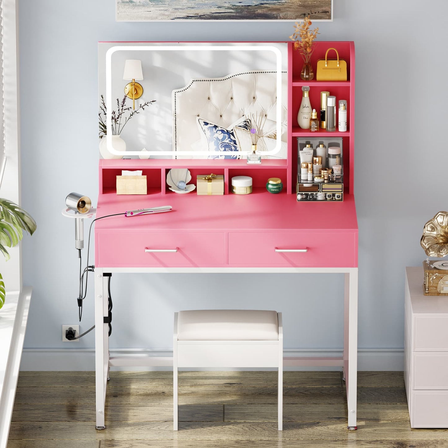 Vanity Desk with LED Mirror and Charging Station