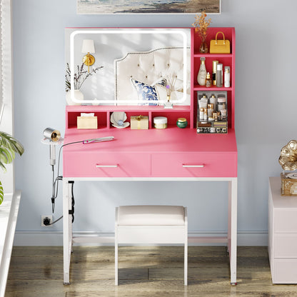 Vanity Desk with LED Mirror and Charging Station