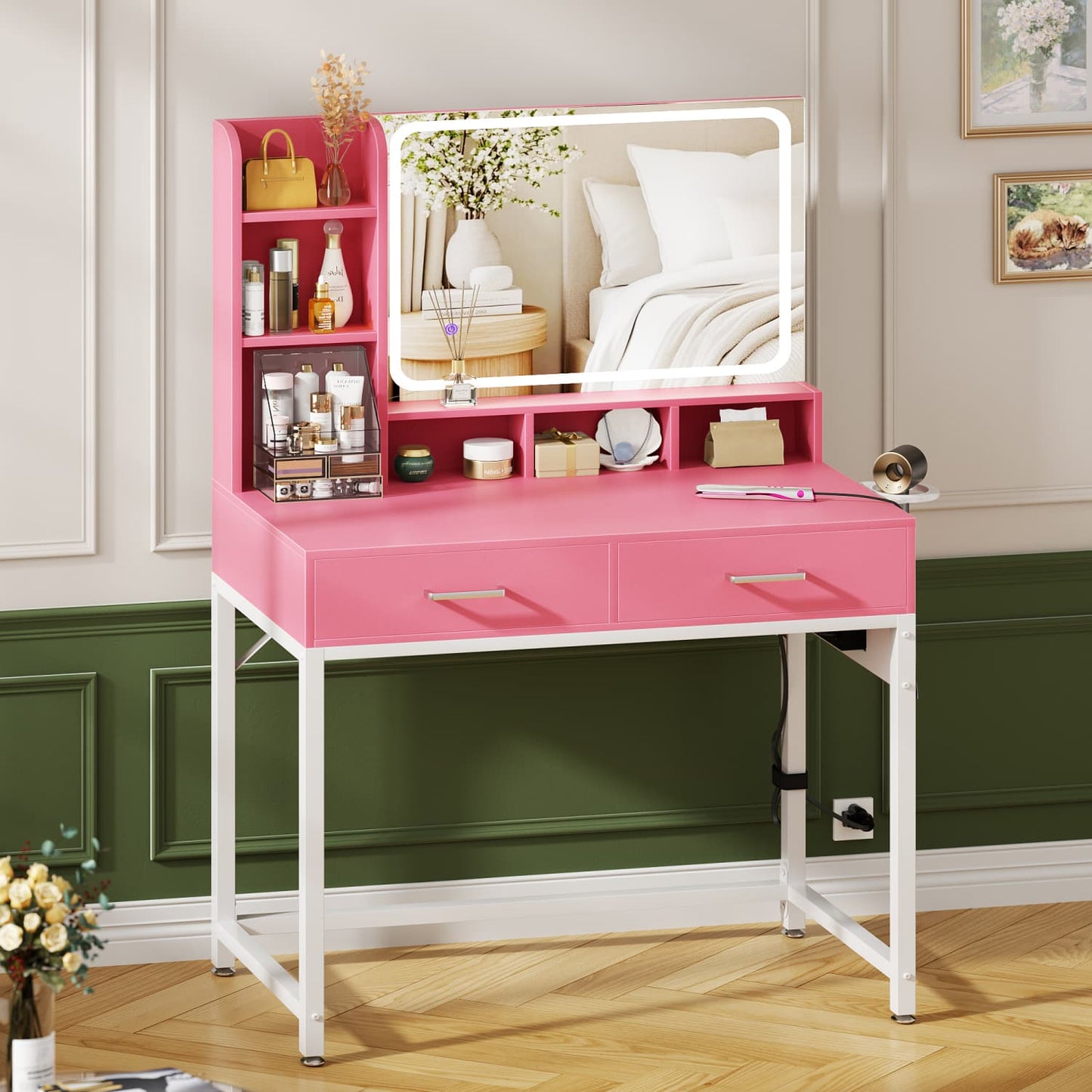 Vanity Desk with LED Mirror and Charging Station