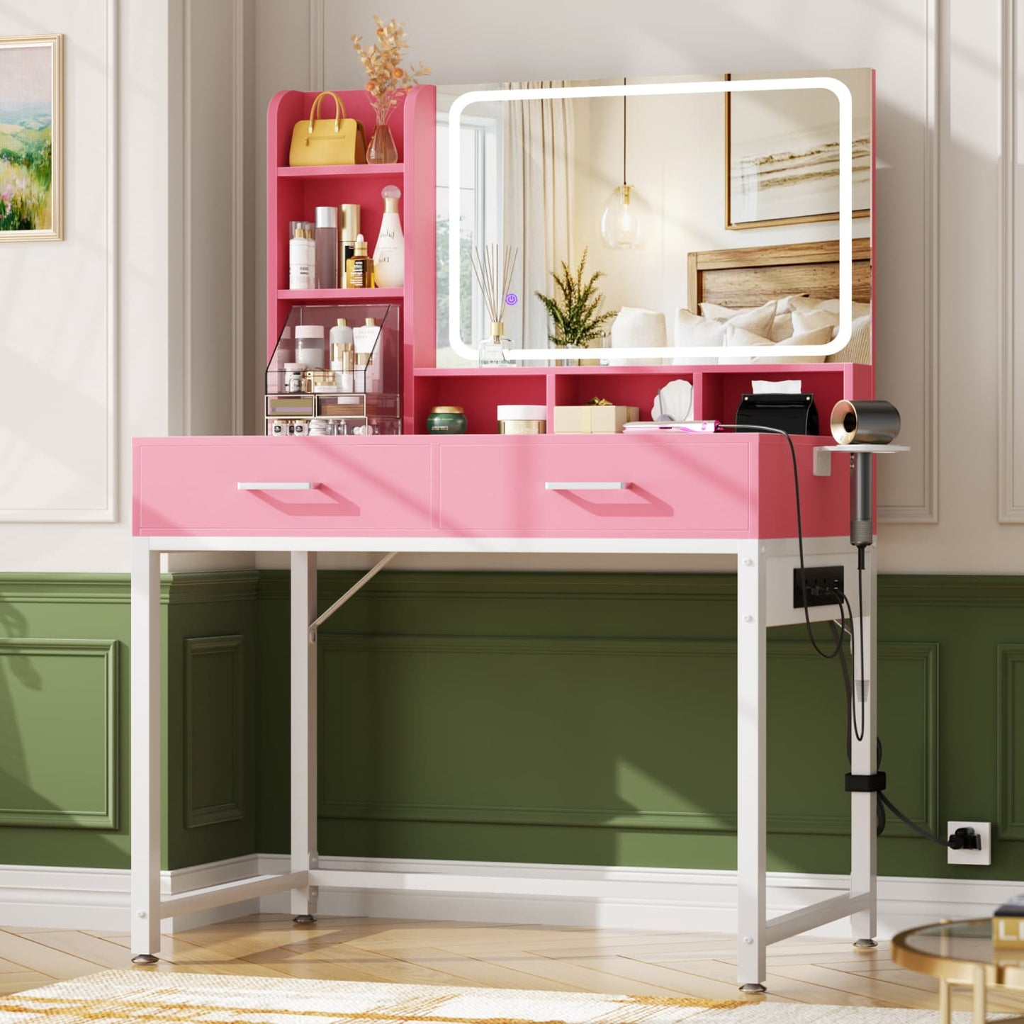 Vanity Desk with LED Mirror and Charging Station
