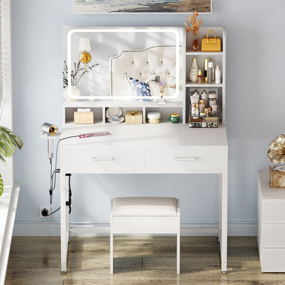 Vanity Desk with LED Mirror and Charging Station