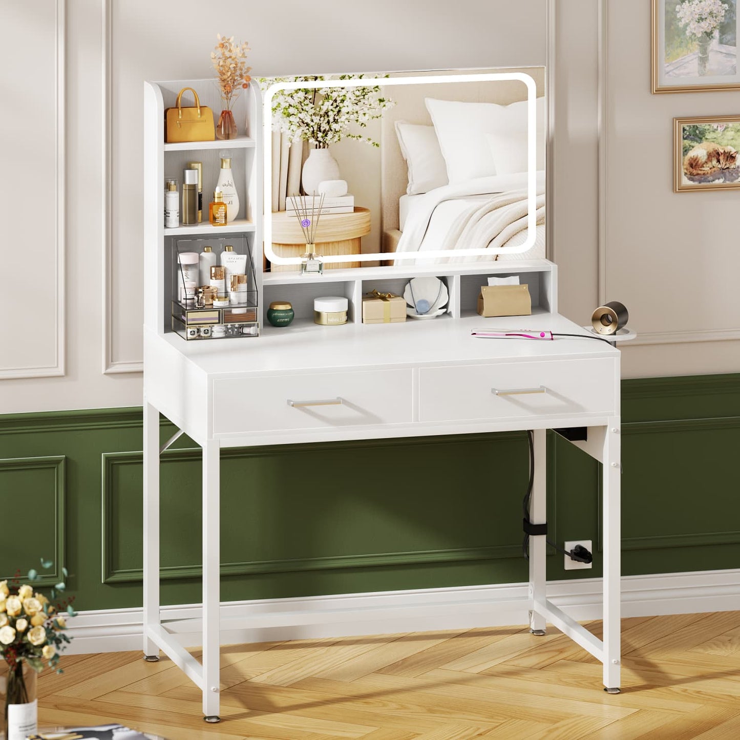 Vanity Desk with LED Mirror and Charging Station