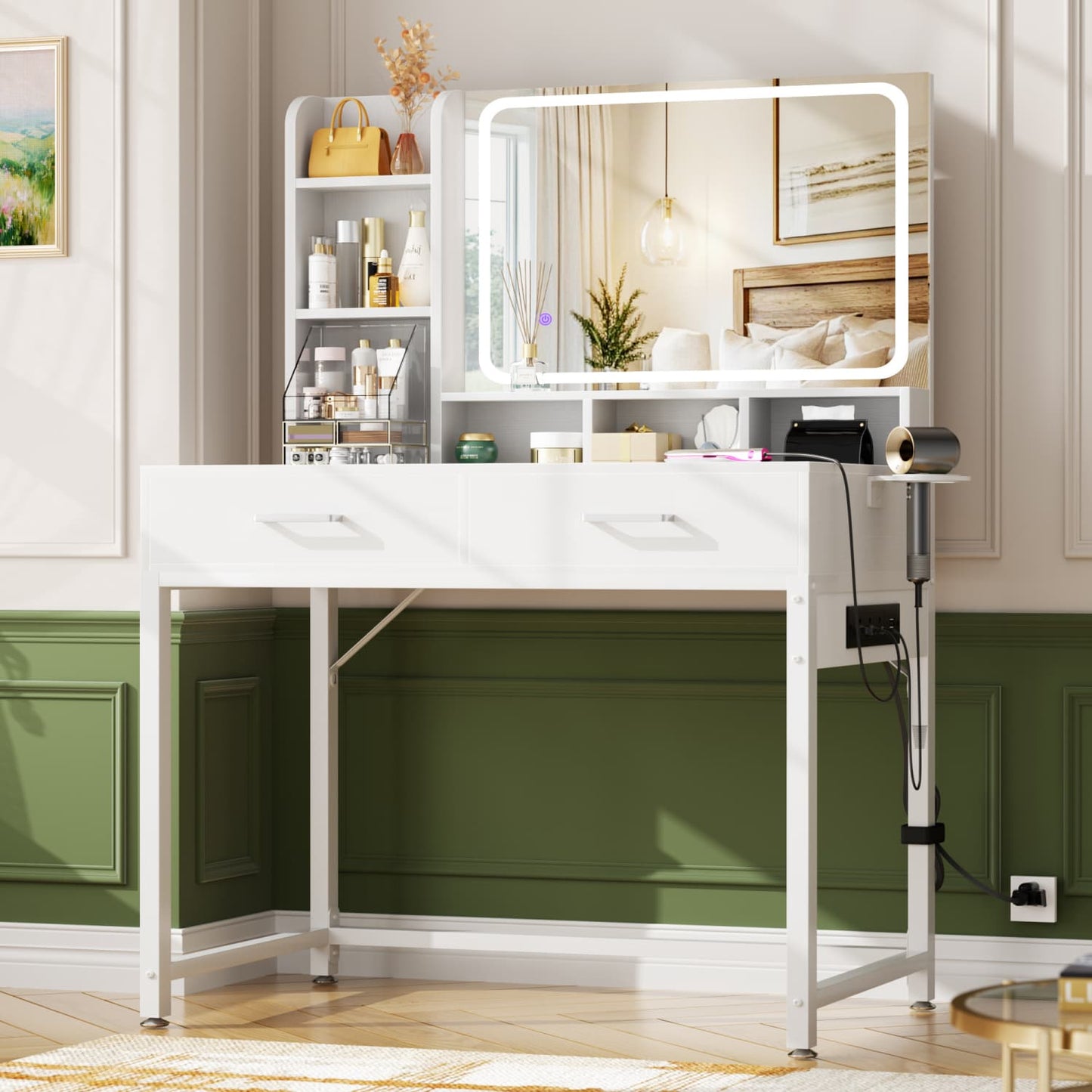 Vanity Desk with LED Mirror and Charging Station