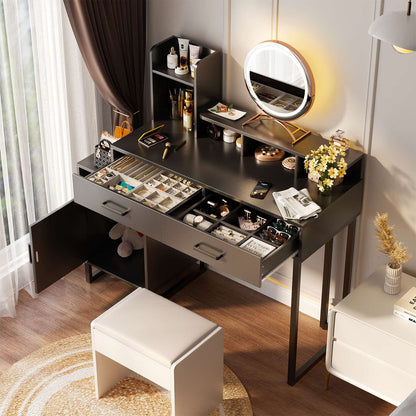 Vanity Desk with Charging Station, Makeup Table with Storage Drawers and Hutch