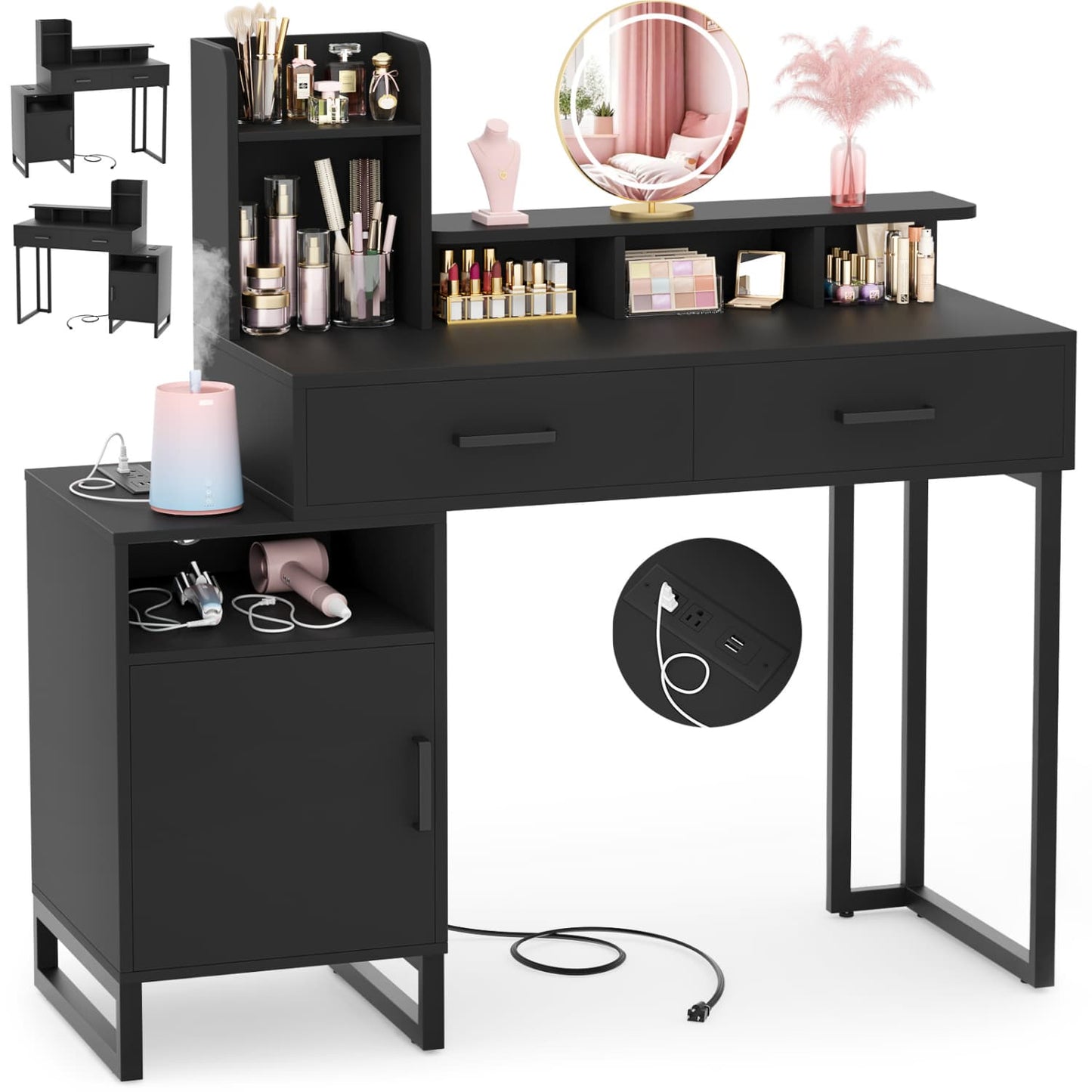 Vanity Desk with Charging Station, Makeup Table with Storage Drawers and Hutch