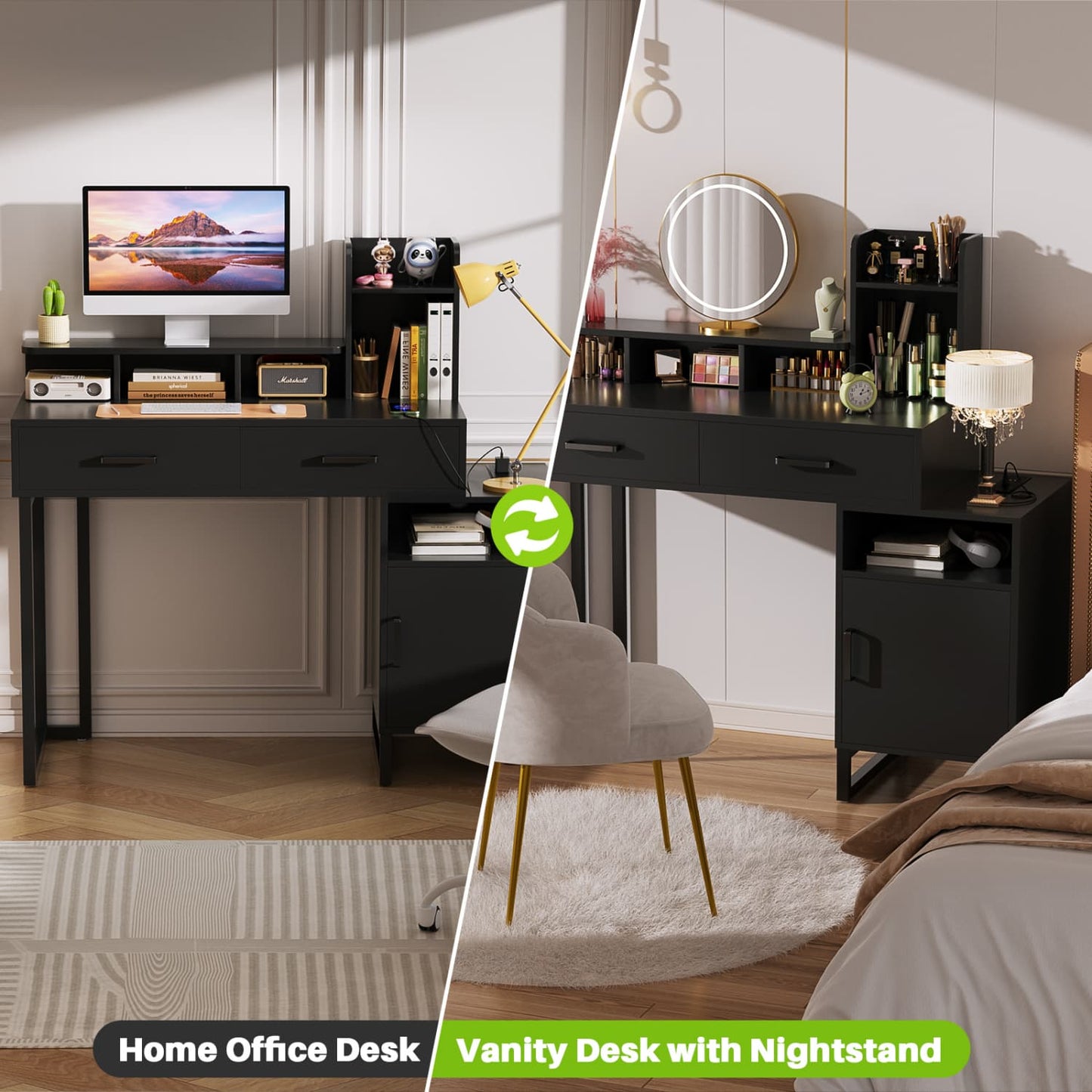 Vanity Desk with Charging Station, Makeup Table with Storage Drawers and Hutch
