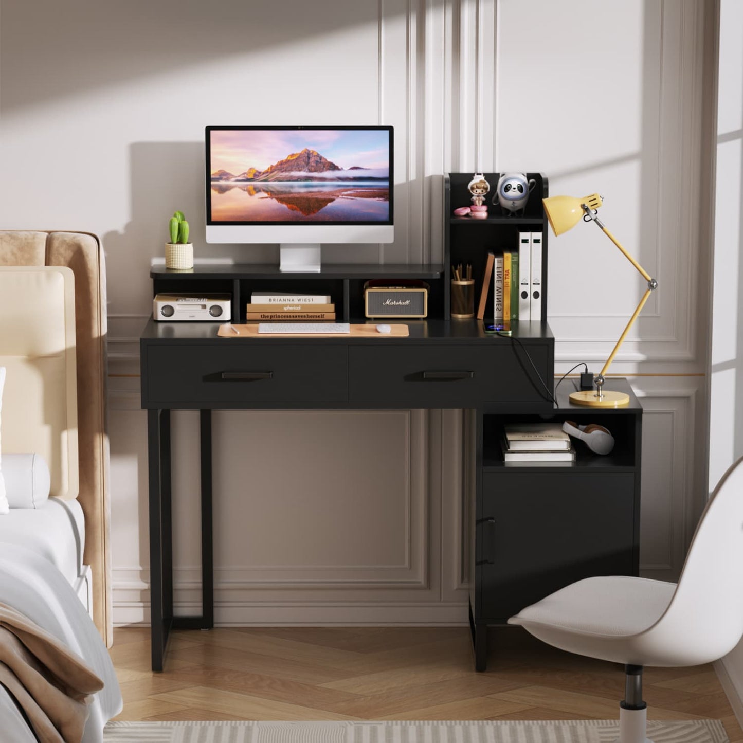 Vanity Desk with Charging Station, Makeup Table with Storage Drawers and Hutch