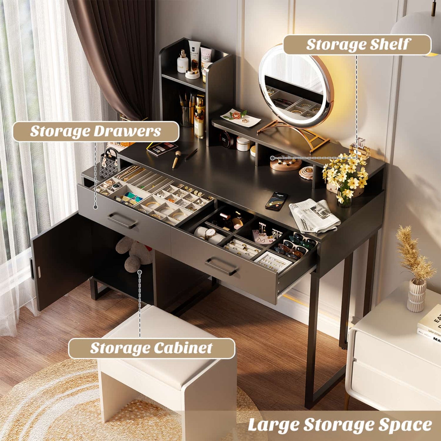 Vanity Desk with Charging Station, Makeup Table with Storage Drawers and Hutch