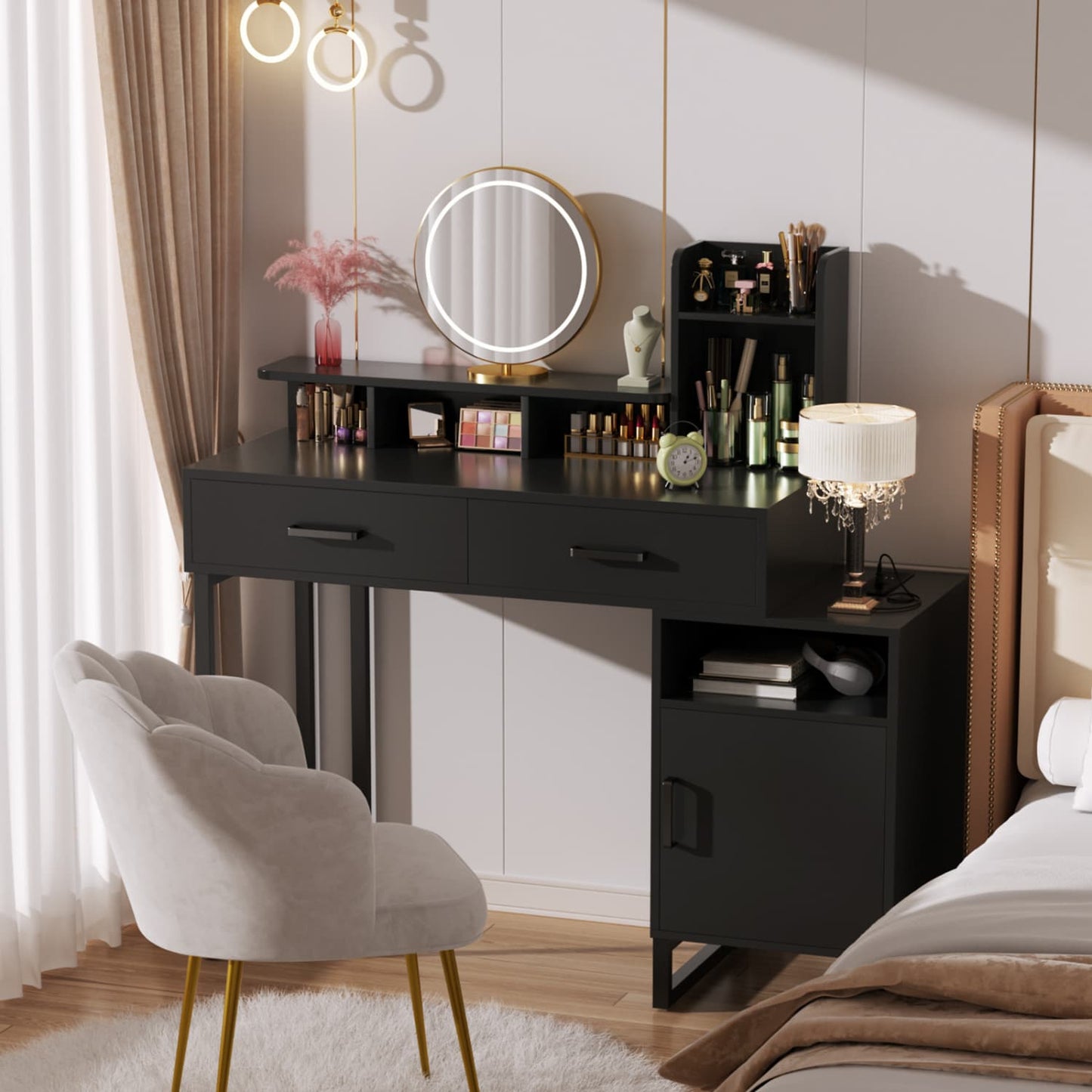 Vanity Desk with Charging Station, Makeup Table with Storage Drawers and Hutch