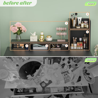 Vanity Desk with Charging Station, Makeup Table with Storage Drawers and Hutch