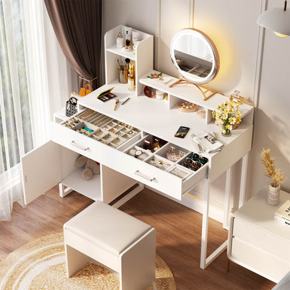 Vanity Desk with Charging Station, Makeup Table with Storage Drawers and Hutch