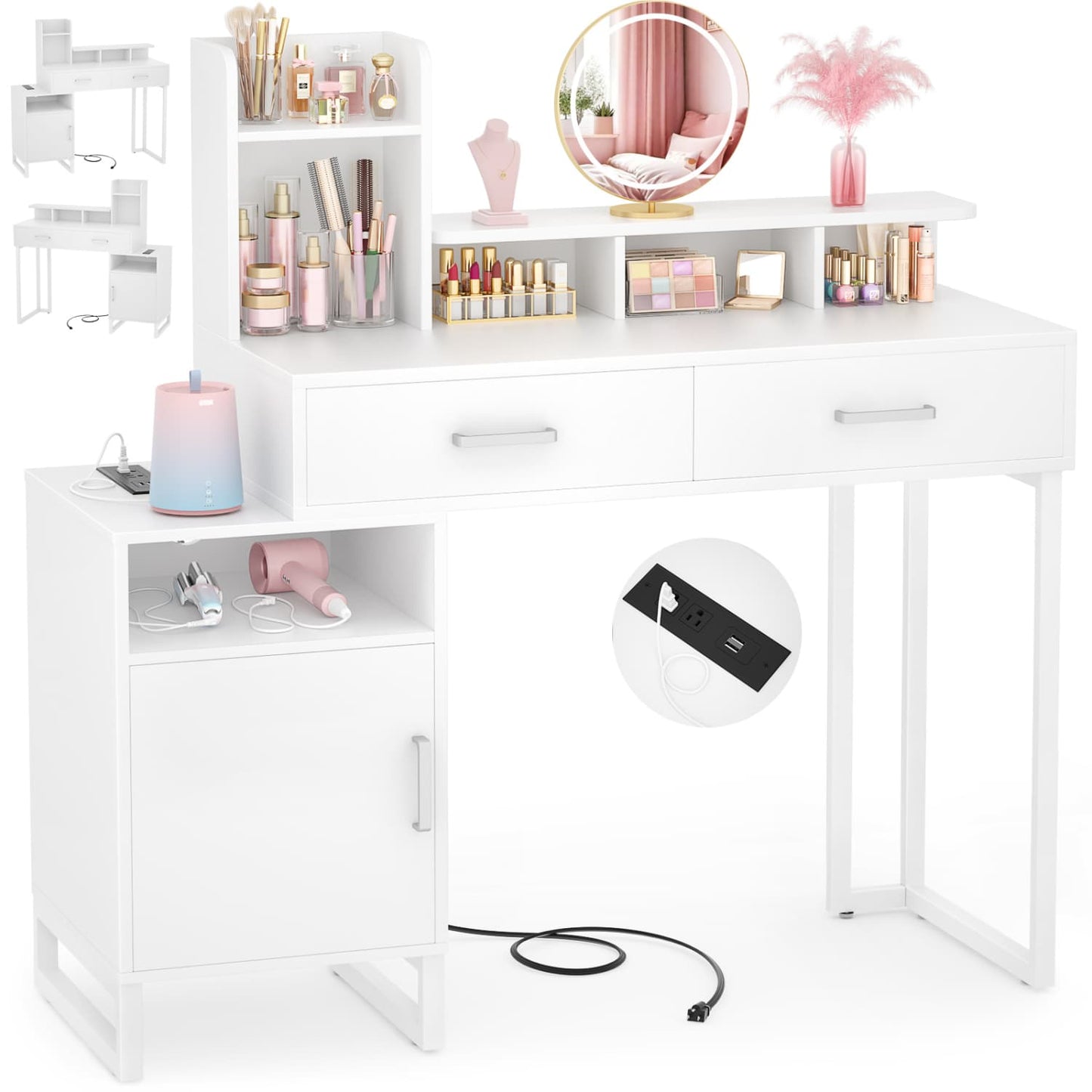 Vanity Desk with Charging Station, Makeup Table with Storage Drawers and Hutch