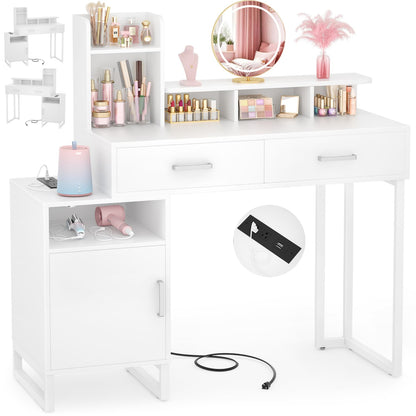 Vanity Desk with Charging Station, Makeup Table with Storage Drawers and Hutch