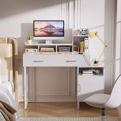 Vanity Desk with Charging Station, Makeup Table with Storage Drawers and Hutch