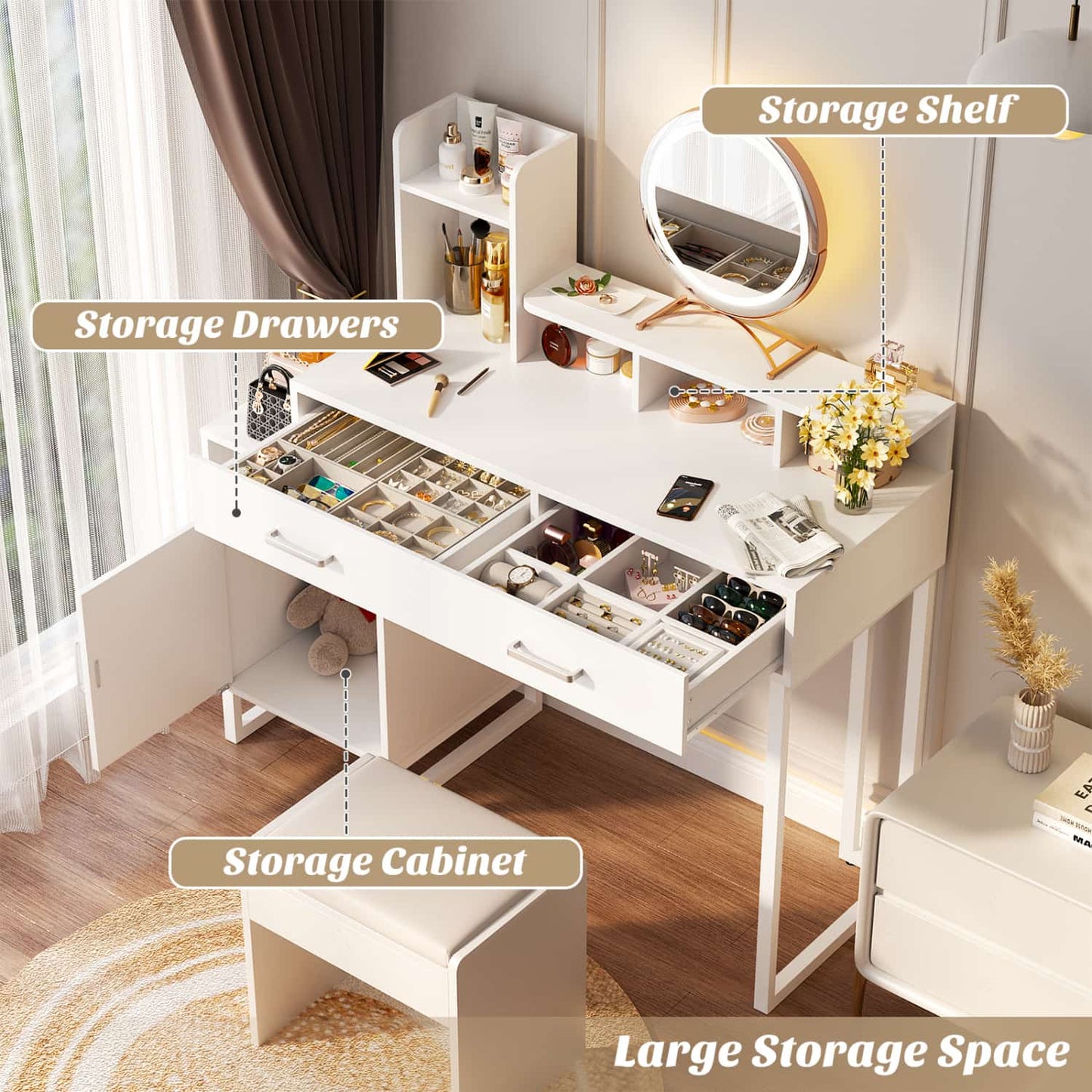 Vanity Desk with Charging Station, Makeup Table with Storage Drawers and Hutch