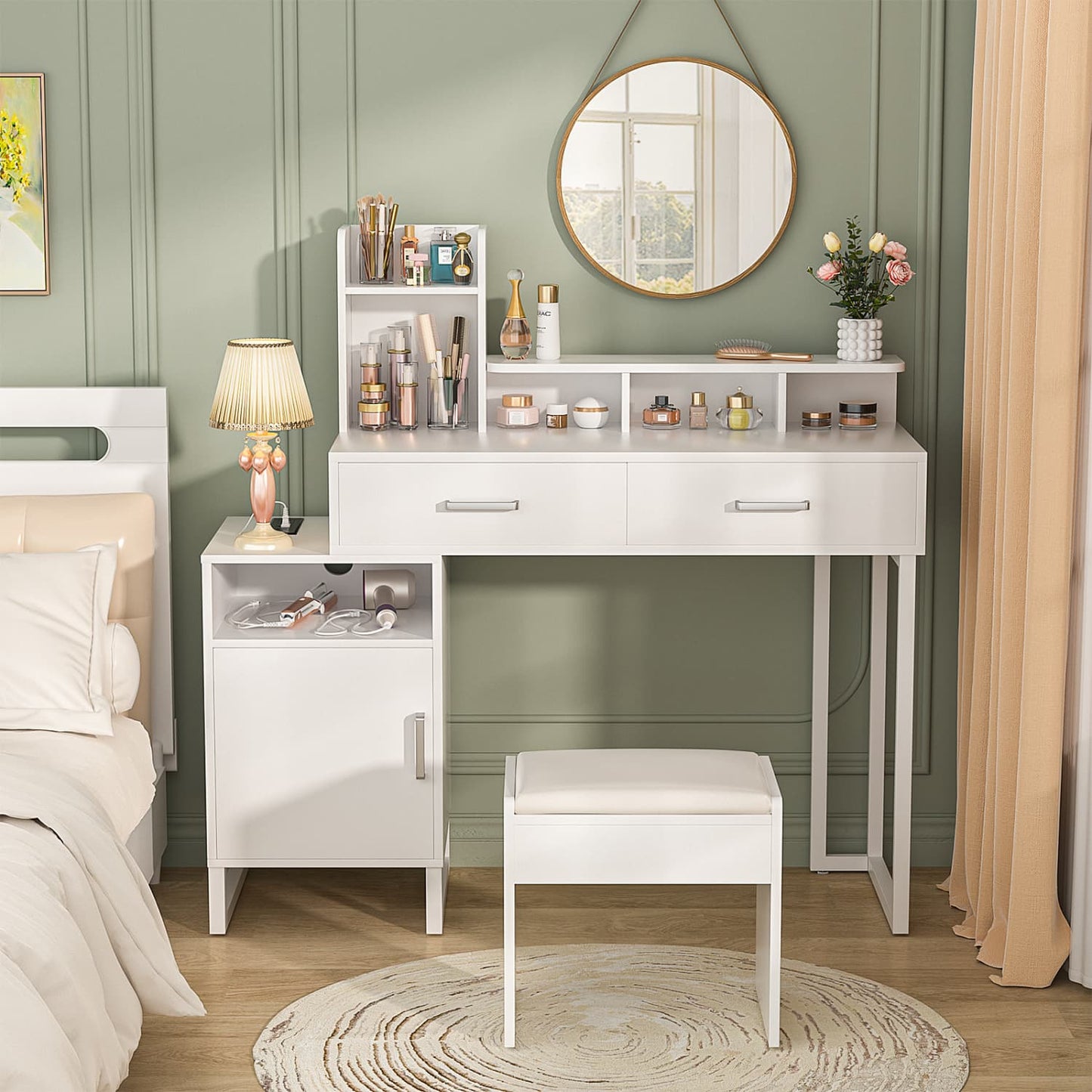 Vanity Desk with Charging Station, Makeup Table with Storage Drawers and Hutch