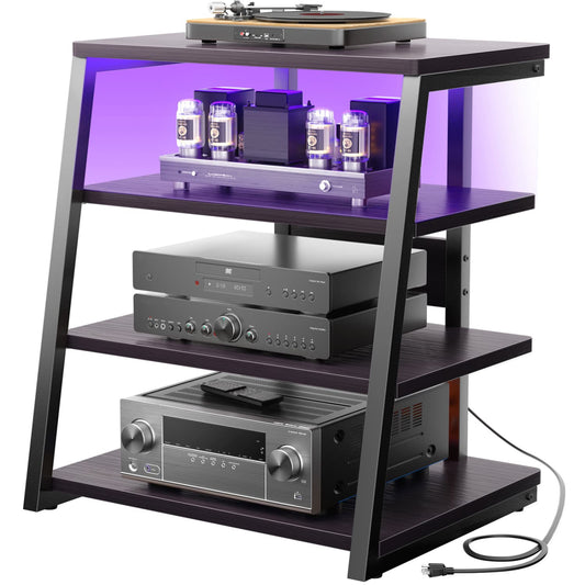 4-Tier Bookshelves with Charging Station and LED Lights, Small Entertainment Center Media Stand-