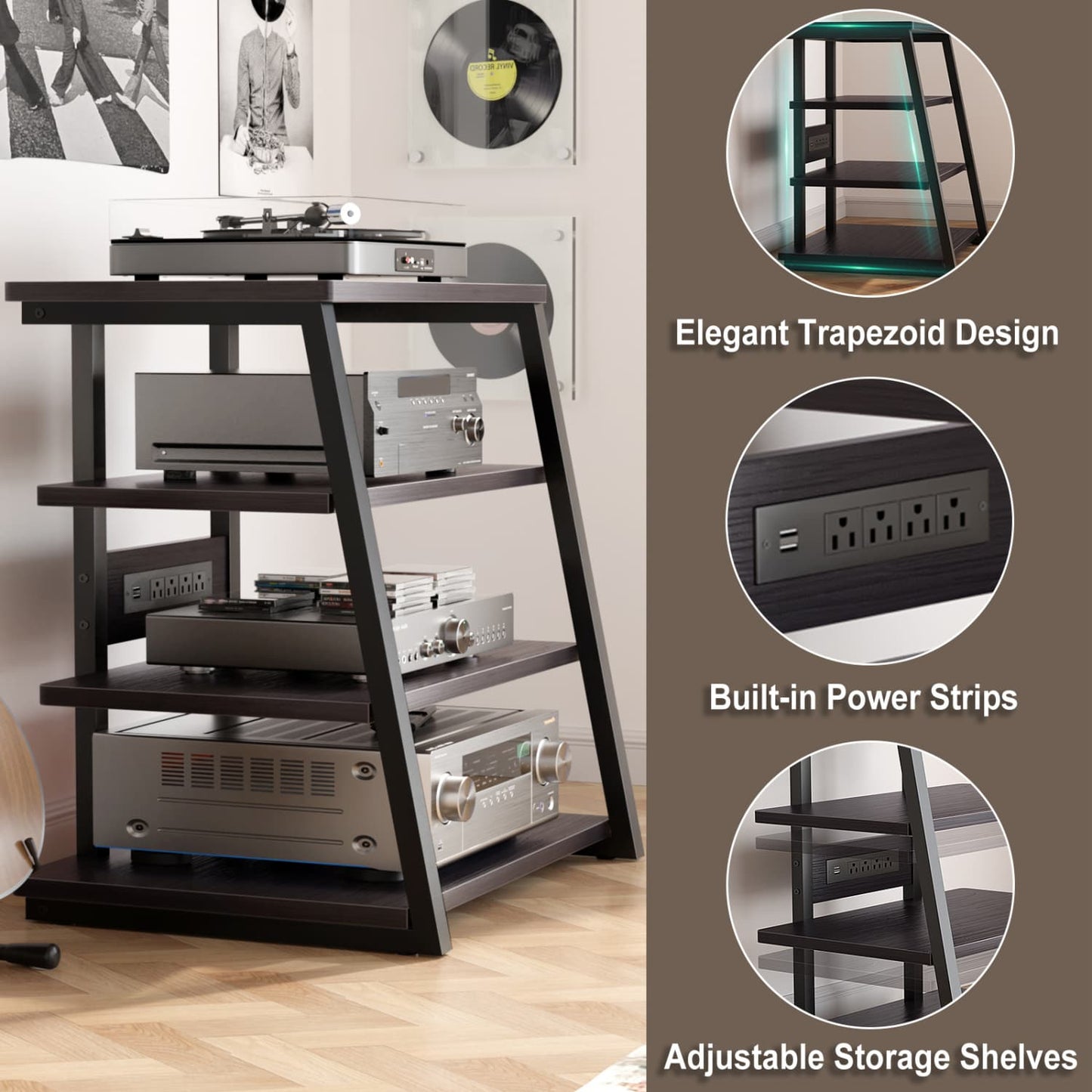 4-Tier Bookshelves with Charging Station and LED Lights, Small Entertainment Center Media Stand-
