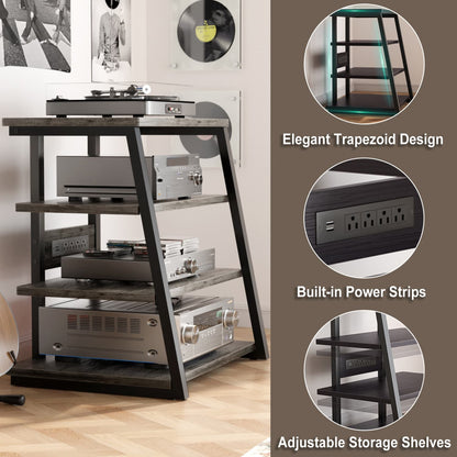 4-Tier Bookshelves with Charging Station and LED Lights, Small Entertainment Center Media Stand-