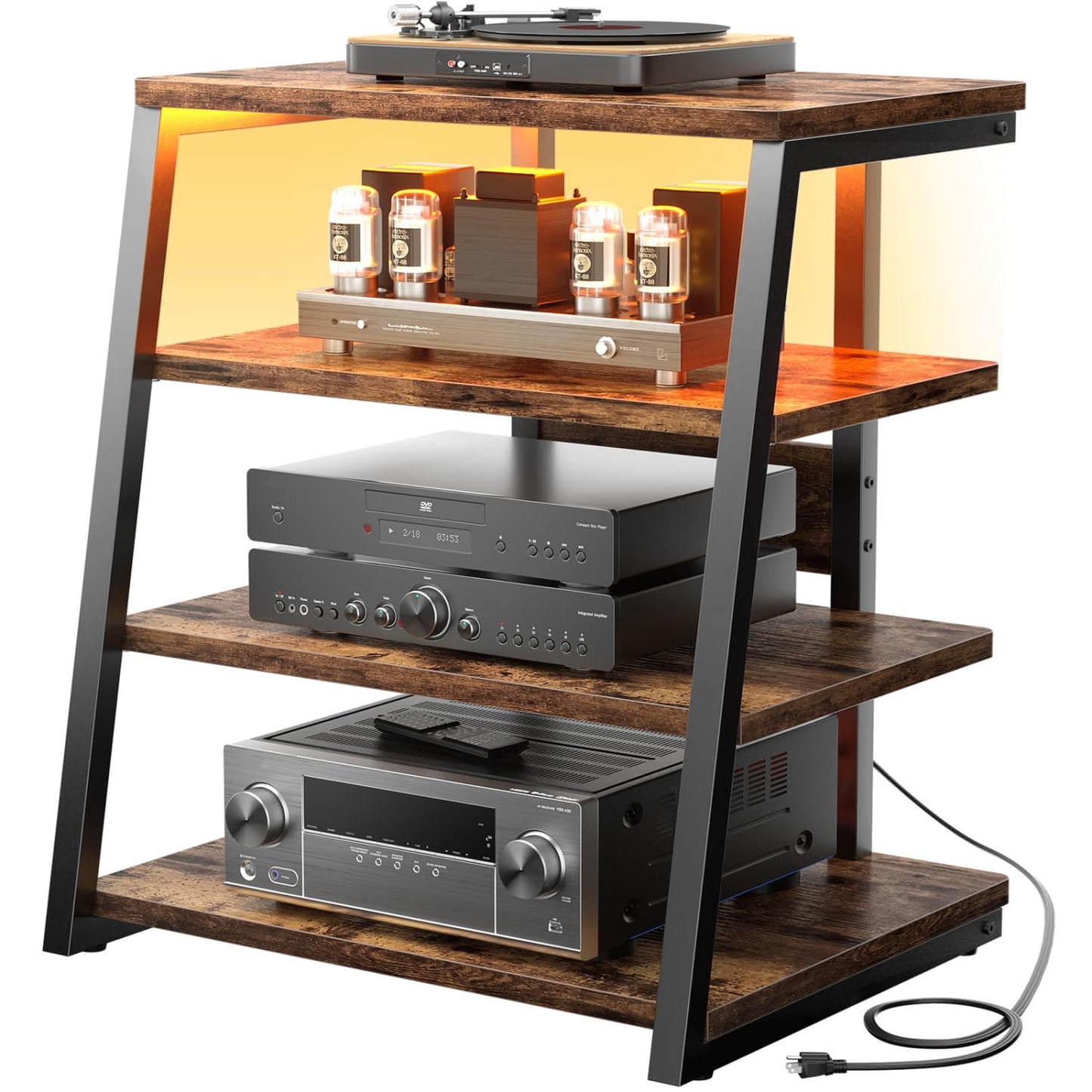 4-Tier Bookshelves with Charging Station and LED Lights, Small Entertainment Center Media Stand-