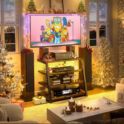4-Tier Bookshelves with Charging Station and LED Lights, Small Entertainment Center Media Stand-
