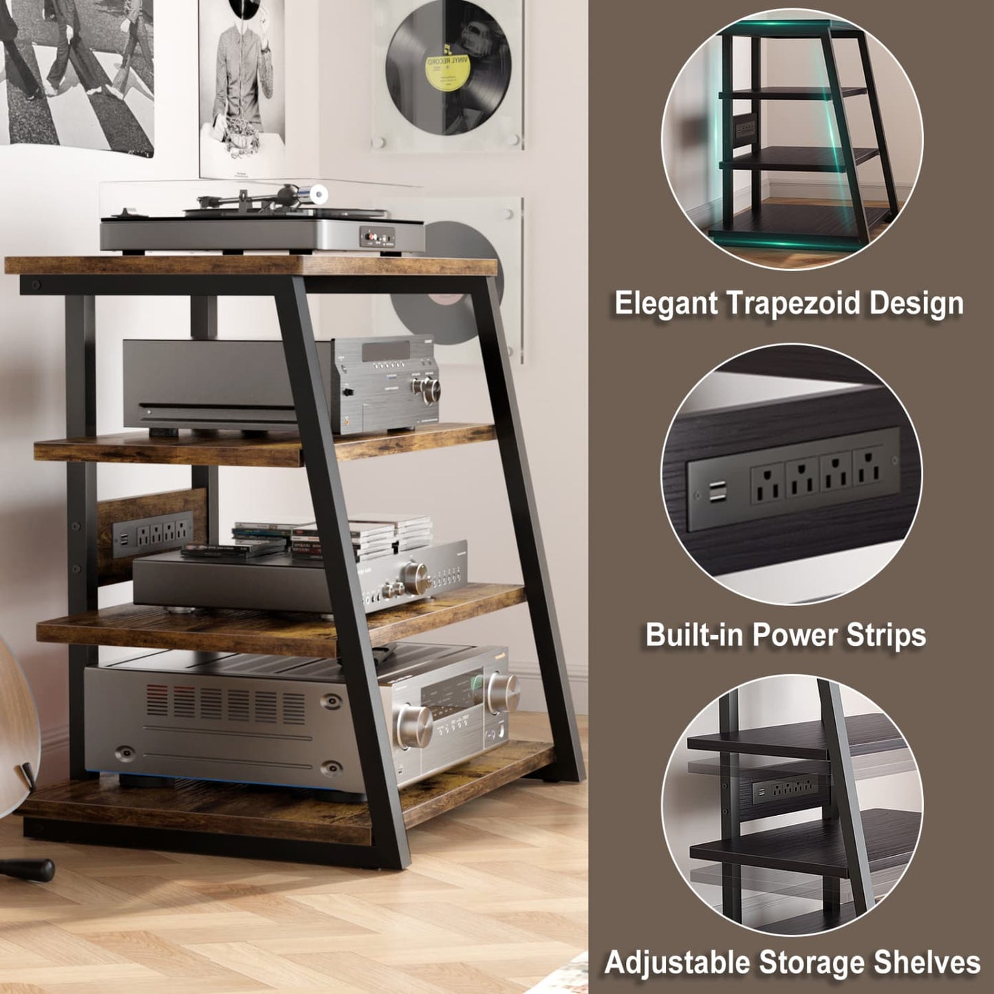 4-Tier Bookshelves with Charging Station and LED Lights, Small Entertainment Center Media Stand-