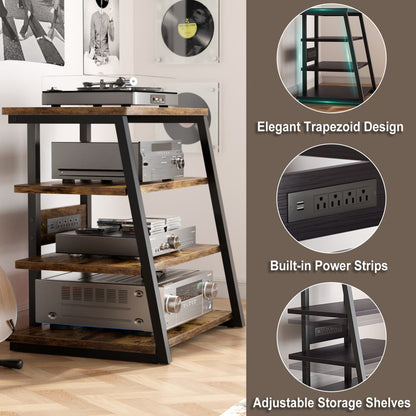 4-Tier Bookshelves with Charging Station and LED Lights, Small Entertainment Center Media Stand-