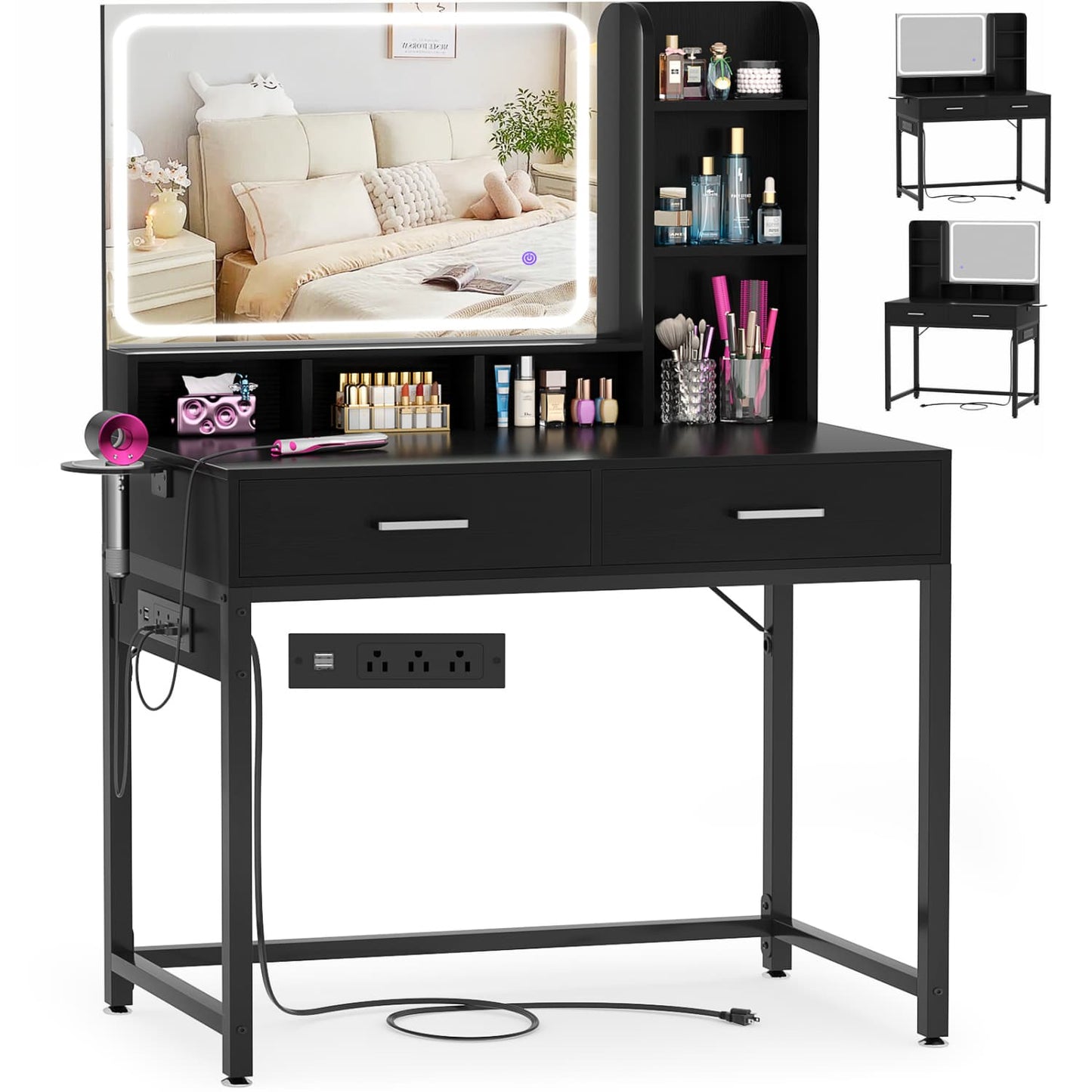 Vanity Desk with LED Mirror, Makeup Table with Charging Station