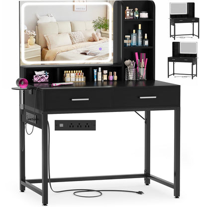 Vanity Desk with LED Mirror, Makeup Table with Charging Station