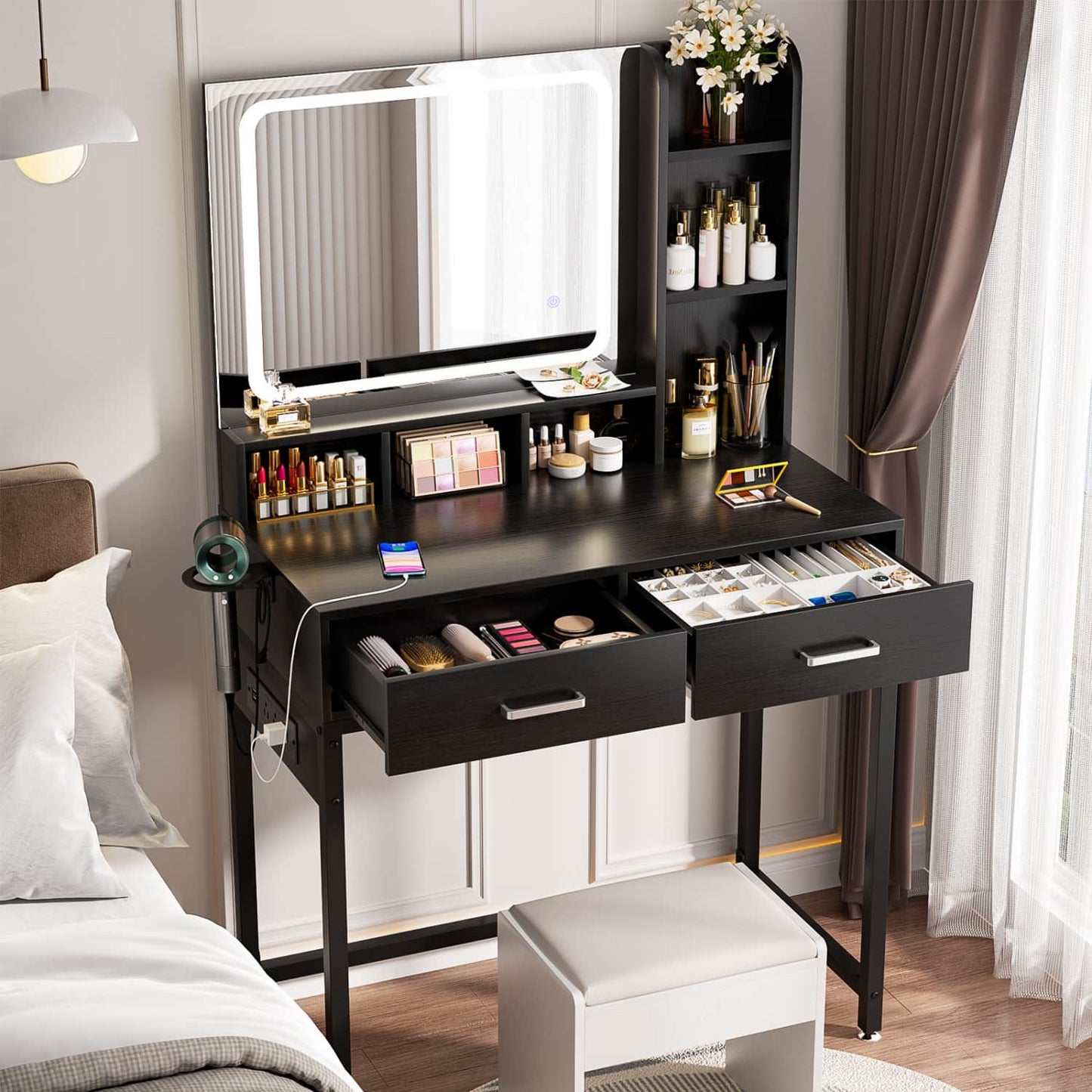 Vanity Desk with LED Mirror, Makeup Table with Charging Station