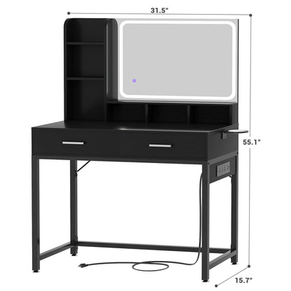 Vanity Desk with LED Mirror, Makeup Table with Charging Station