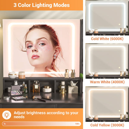 Vanity Desk with LED Mirror, Makeup Table with Charging Station