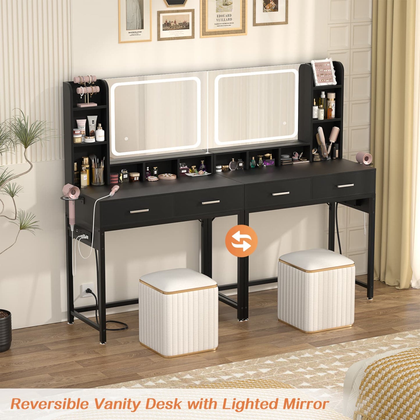 Vanity Desk with LED Mirror, Makeup Table with Charging Station