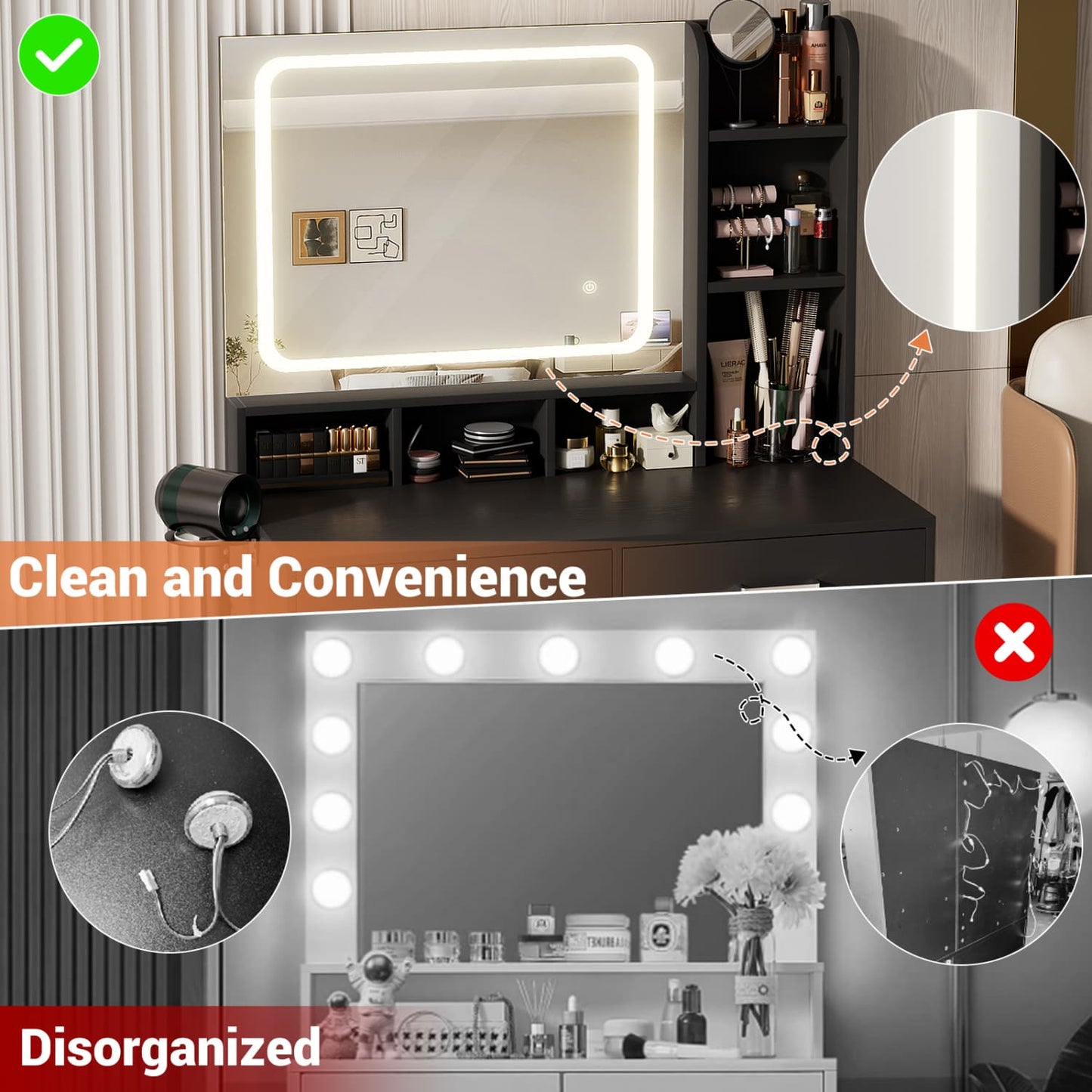 Vanity Desk with LED Mirror, Makeup Table with Charging Station