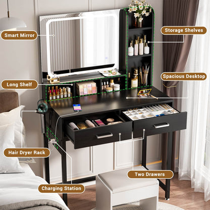 Vanity Desk with LED Mirror, Makeup Table with Charging Station