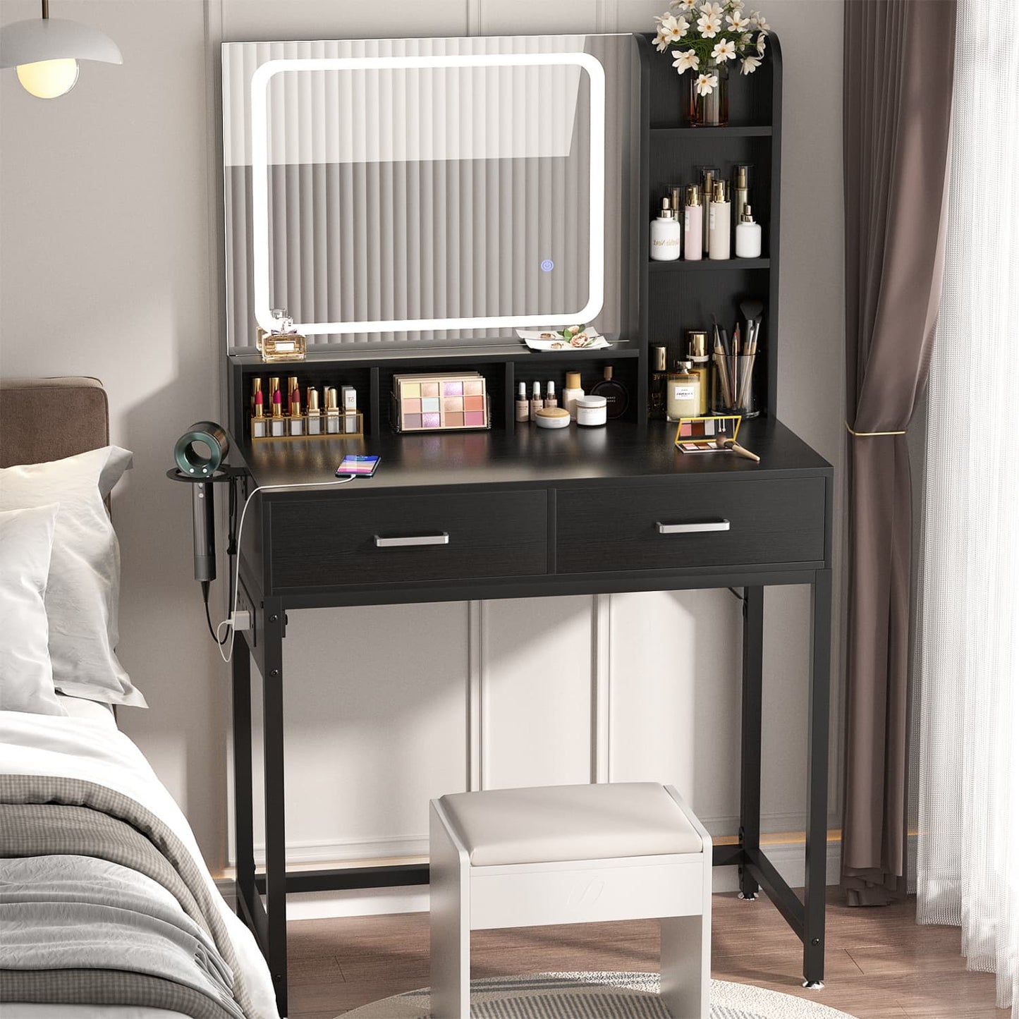 Vanity Desk with LED Mirror, Makeup Table with Charging Station