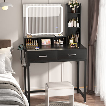 Vanity Desk with LED Mirror, Makeup Table with Charging Station