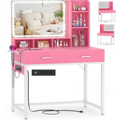 Vanity Desk with LED Mirror, Makeup Table with Charging Station